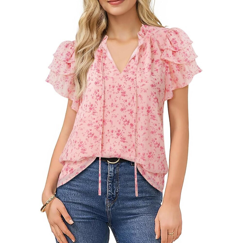 Chiffon Blouse Women Summer Ruffle Sleeves V-Neck Tie Detail Elegant Top - Picture 2 of 6